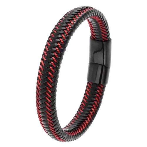 Zense - Bracelet Homme Cuir Tressé Noir Et Rouge Avec Fermeture Magnétique Zb0394