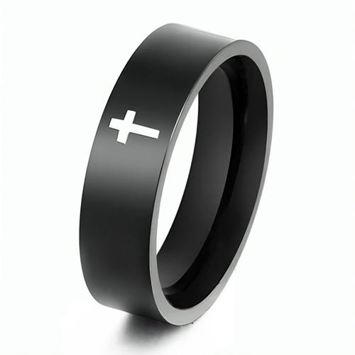 Zense - Bague Noire En Acier Pour Homme Avec Croix Latine Zr0179