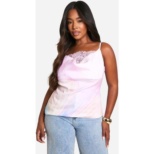 Plus Premium Satin Floral Print Cowl Lace Trim Cami Top - Rose - 18