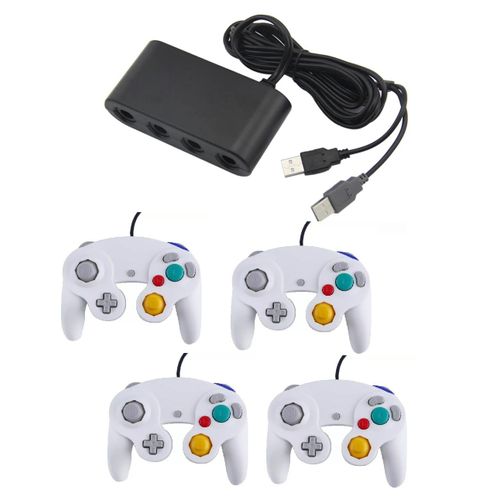 Adaptateur Manette Gamecube Sur Nintendo Wii U, Switch Et Pc + 4 Manette Game Cube - Blanc