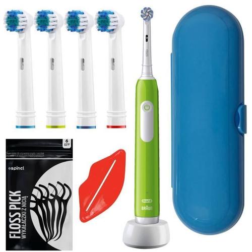 Brosse À Dents Oral-B Pro Junior 6+ Verte Avec 4 Embouts De Rechange Precision Clean Sb-17a Et Étui Bleu 