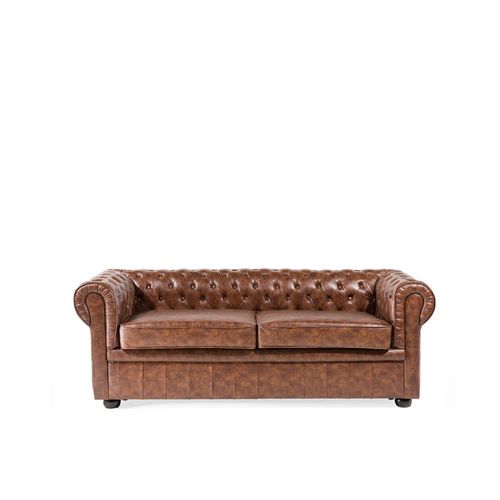 Canapé 3 Places En Cuir Pu Marron Doré Chesterfield