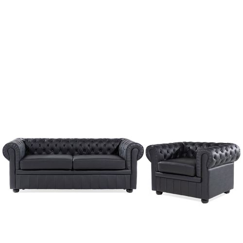 Ensemble Canapé Et Fauteuil En Cuir Noir 4 Places Chesterfield
