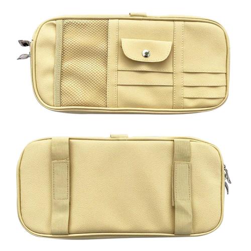 Cuir Voiture Pare-Soleil Organisateur, Intérieur Auto Accessoires Organisateur De Poche - Stockage Camion Voiture Porte Pouch, Avec Net Fermeture À Glissière Multi-Poches (Beige)