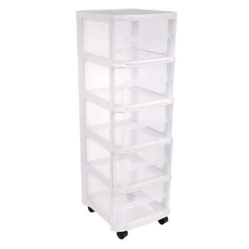 Eda Plastique Tour De Rangement City Avec Roulettes - 5 Tiroirs - 32 X 37 X 97 Cm - Blanc Transparent