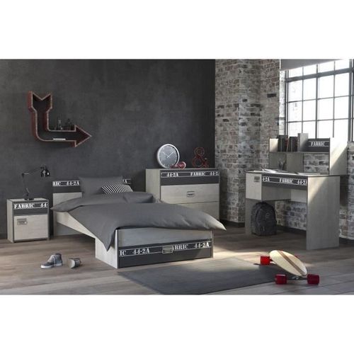 Noa Chambre Enfant Complete - Industriel - Décor Gris Loft Et Ombre - L 90 X L 200 Cm