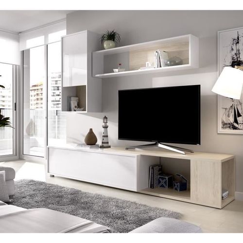 Meuble Tv Extensible - Décor Chene Naturel Et Blanc - L 230 X P 41 X H 180 Cm - Obi