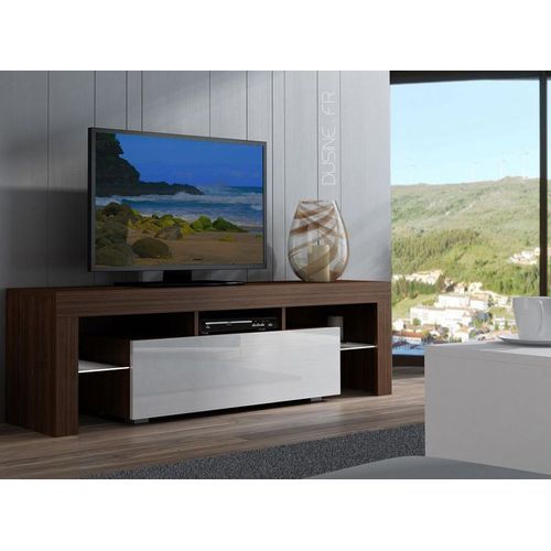Meuble Tv Spider À Led En Noyer Mat Avec Porte Blanc Laqué 160 Cm