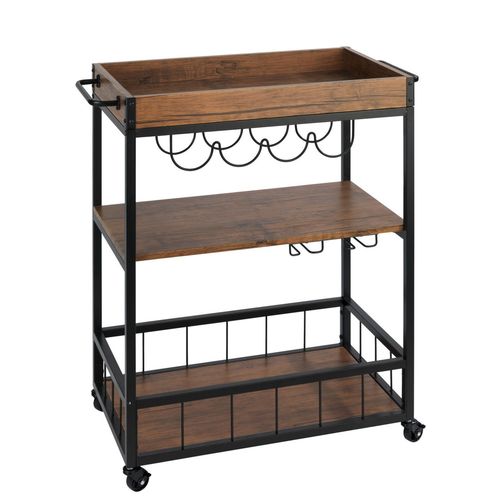 Desserte De Cuisine À Roulettes Avec Porte Bouteille Rustico - 3 Niveaux - Marron