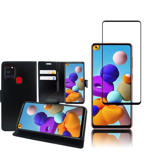 Etui Portefeuille Pour Samsung Galaxy A21s 6.5" Support Video Cuir Pu - Noir + 1 Film Verre Trempé - Noir