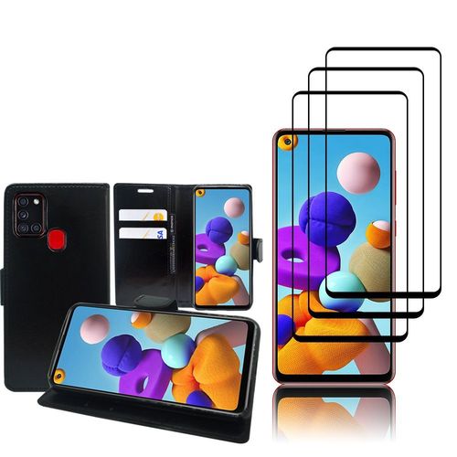 Etui Portefeuille Pour Samsung Galaxy A21s 6.5" Support Video Cuir Pu - Noir + 3 Films Verre Trempé - Noir