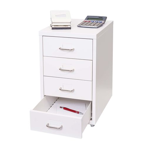 Caisson À Roulettes Boston T851, Armoire À Tiroirs, En Acier, 48x28x41cm, 4 Tiroirs   Blanc