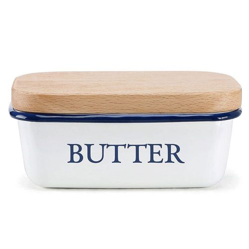 BoîTe à Beurre Plafond de Style Nordique avec Couvercle en Bois Plat de Nourriture Plateau de Stockage de Fromage en Émail Assiette Conteneur pour Outil de Cuisine