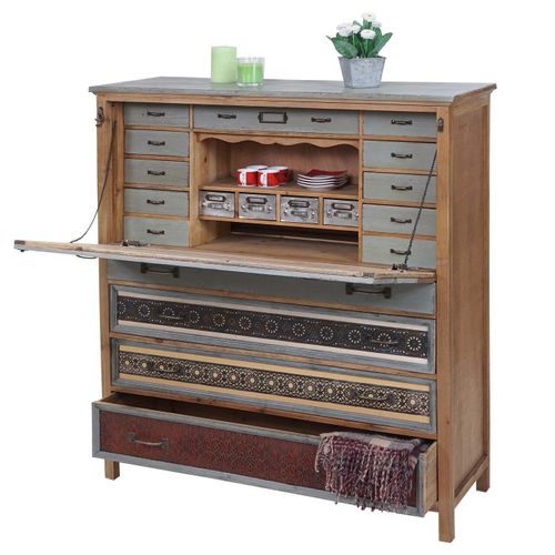 Scriban Hwc-A43, Commode, Armoire, Bois Massif De Sapin, Vintage Patchwork 113x99x36cm