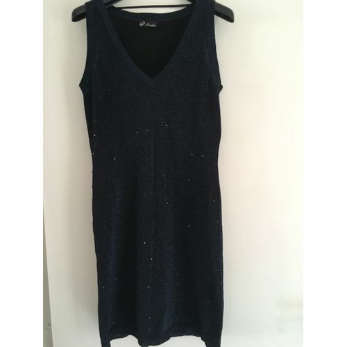 Robe De Soirée Sans Manche Noir Chiné Bleu Brillant Avec Sequins
