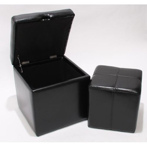 Lot De 2 Tabourets Onex, Pouf + Cube-Coffre, Cuir, Noir
