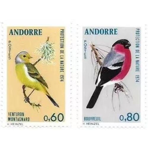 Andorre 1974, Très Belle Paire Protection De La Nature, Oiseaux, Timbres Neufs** Luxe Yvert 240 Venturon Montagnard Et 241 Bouvreuil.