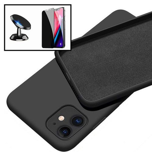 Kit Verre Trempé 5d Anti-Spy + Coque Silicone Liquide + Support Magnétique De Voiture Pour Iphone 12 Pro Max - Noir