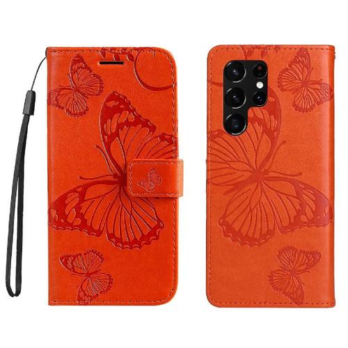 Étui Pour Samsung Galaxy S22 Uitra Couverture Magnétique Cuir Pu Flip Kickband Avec Support De Fente Pour Carte Couverture Antichoc - Orange