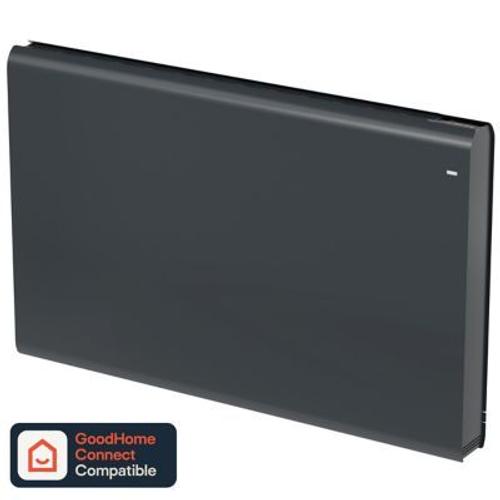 Radiateur connecté électrique à inertie fluide GoodHome Iriya anthracite 1800W horizontal.