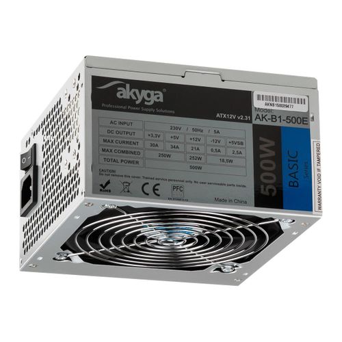 Akyga Basic Series AK-B1-500E - Alimentation électrique (interne) - ATX12V 2.31 - CA 230 V - 500 Watt - PFC - gris