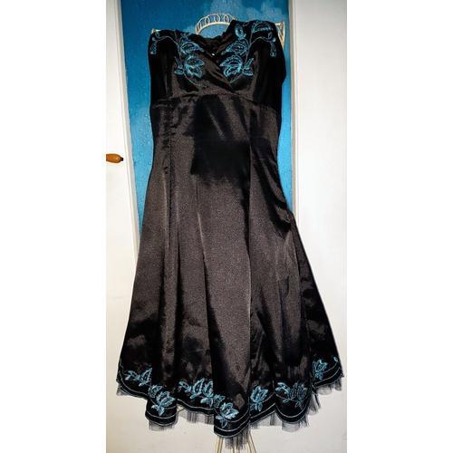 Xanaka - Robe Dos Nu Noir Et Bleu Roi Turquoise Broderies Florales Et Perles Xl-42