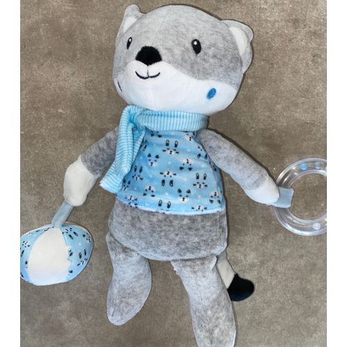 Doudou Renard Gris Bleu Eveil Bebe Naissance Peluche Jouet Anneau Billes Ballon Pouet Plush Blanket Security Grey Blue Fox Baby Pommette