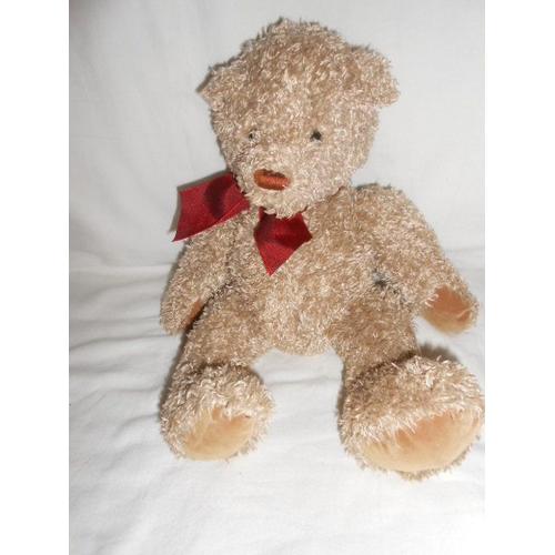 Doudou Peluche Basile Et Lola Ours Moulin Roty Marron Beige Ecru Creme Echarpe Noeud Papillon Tissu Rouge Bordeaux Bille Dans Le Corps Poils Longs Bouclette 33 Cm