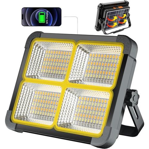 Projecteur LED Rechargeable 100W, Projecteur Chantier Rechargeable 336 LEDs/Panneau Solaire/ 4 Modes d'eclairage/Batterie Externe 12000mAh/ Absorption d'aiman, Ideal pour Camping goodnice