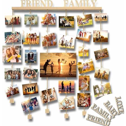 Uping Cadre Photo Pele Mele Porte Mural Support avec Photo Pince et 4 Lettres en Bois- Family Friend Love Baby goodnice