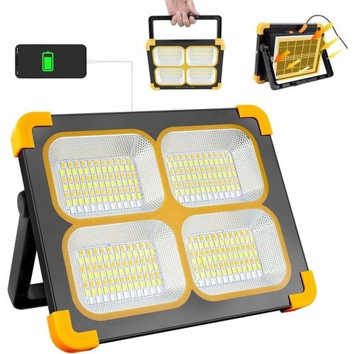 Projecteur Led Rechargeable, 100w 10000lw Lampe Chantier, Lumiere De Travail Portable Avec Panneau Solaire, 348 Leds 4 Modes D'eclairage, Absorption D'aimant, Ideal Pour Camping, [Classe Energetique G Goodnice