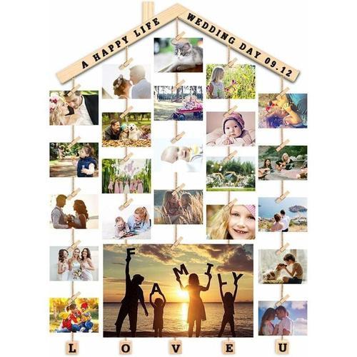 Uping Cadre Photo Pele Mele Mural Cadre Photo Mural en Bois Porte Photos Pinces, avec Sticker pour Personnalisation (Bois, 63CM 90CM) goodnice