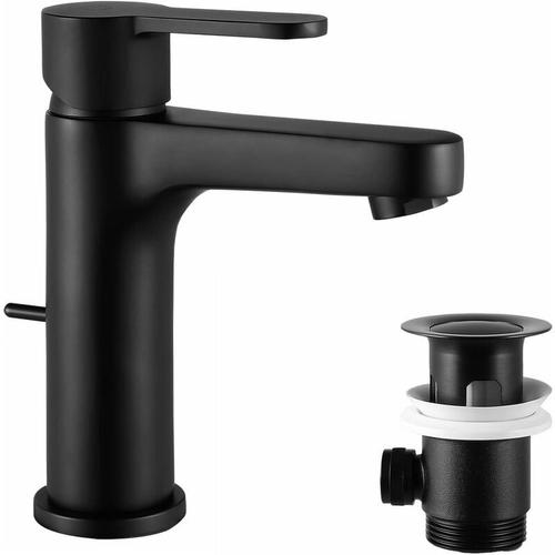 Robinet avec Tirette et Bonde, Robinet Salle Bain Noir Simple, Mitigeur Lavabo Noir, Hauteur du Bec 112,5mm, Mitigeur Salle de Bain en Laiton, Robinet Lavabo Salle de Bain Design Classique goodnice