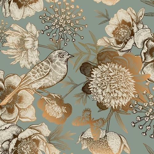 Papier Peint Vintage Fleurs Oiseaux Dores Gris 44.5CM X 3M pour Chambre Sobre Doux Elegant, Salon, TV Canape,Cusine, Mur, Armoire Papier Peint d'Or Adhesif Mural Facile a Nettoyer goodnice