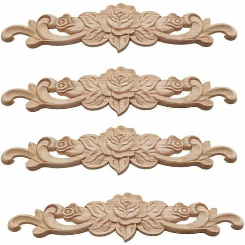 4 Pieces Cadre Bois Sculpte Applique, Rose Bois Sculpte Applique, Meubles Bois Sculpte Applique, Fleur Bois Sculpte Applique, Pour Porte Meubles Cabinet Mural Armoire Decor Maison Goodnice