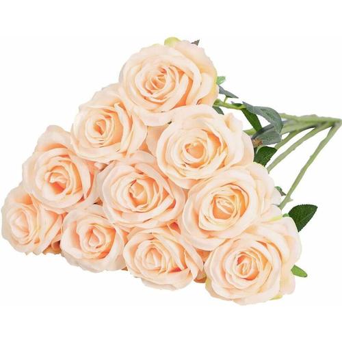 10 pcs Roses Fleurs Artificielles de Soie Faux Bouquet Arrangements Decoration Floraux Rose Fleurs Maison Mariage Fete d'anniversaire Salon Bureau Jardin Decor Florale, Champagne goodnice