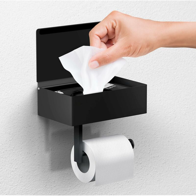 Porte-Papier Toilette avec Tablette - Distributeur et Rangement de lingettes humides pour Toutes Les salles de Bain - Organisateur Mural en Acier Inoxydable - Noir Mat, Grand goodnice