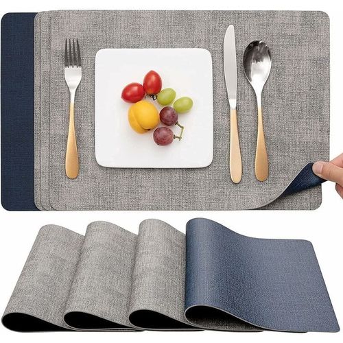 Sets De Table Lavable Double Face Bicolore En Cuir, Set Table Antiderapants Faciles A Nettoyer, Set De Table Lot De 4,Gris/Bleu Goodnice