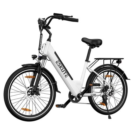 Eskute C100 Vélo Électrique, Moteur 250 W, Batterie 36 V 10,4 Ah, Pneus 26 X 1,75', Vitesse Maximale 25 Km/H, Autonomie 50-60 Km, Freins À Disque Mécaniques, Shimano 7 Vitesses - Blanc