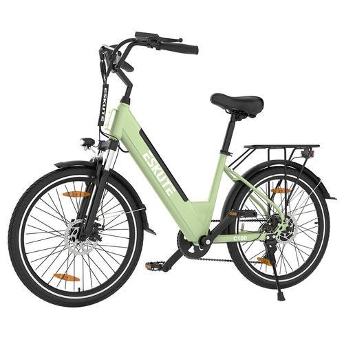 Eskute C100 Vélo Électrique, Moteur 250 W, Batterie 36 V 10,4 Ah, Pneus 26 X 1,75", Vitesse Maximale 25 Km/H, Autonomie 50-60 Km, Freins À Disque Mécaniques, Shimano 7 Vitesses - Vert