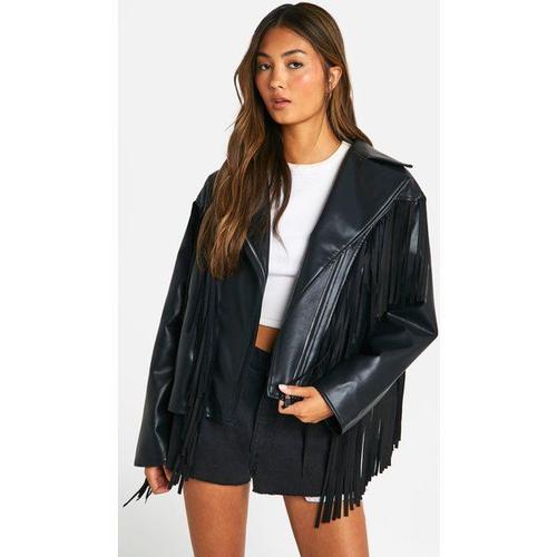 Fringe Detail Faux Leather Biker Jacket - Noir - 10