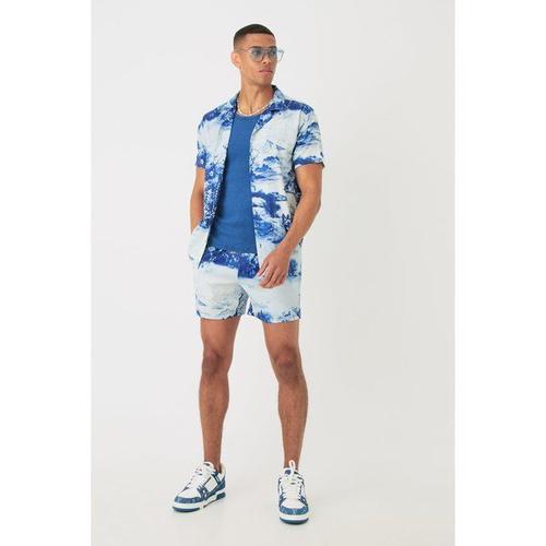 Short Sleeve Satin Tile Shirt & Short Homme - Bleu - Xs, Bleu
