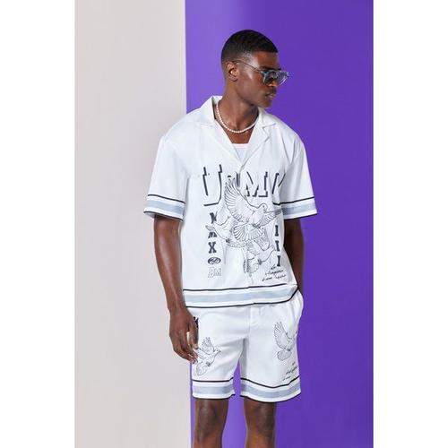 Drop Revere Satin Bird Graphic Shirt And Short Set In White Homme - Blanc - Xl, Blanc