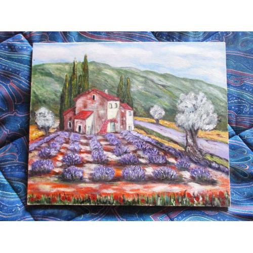 Tableau Paysage De Provence - Peinture Huile Sur Toile- Champs De Lavandes, Oliviers, Cypres, Mas En Vaucluse