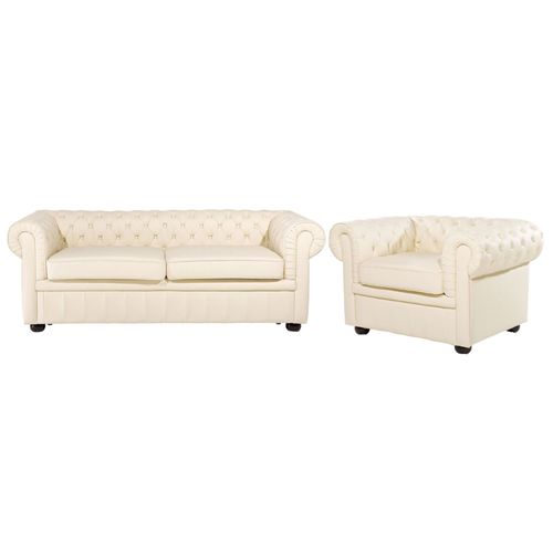 Ensemble Canapé Et Fauteuil En Cuir Beige Crème 4 Places Chesterfield