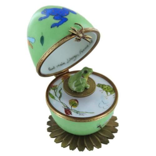 Musique Sur L'eau - Boîte À Musique En Forme D'oeuf - Oeuf Musical En Porcelaine De Limoges De Style Fabergé Avec Grenouille Animée.