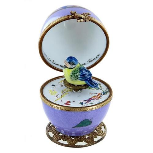 Roméo Et Juliette - Boîte À Musique En Forme D'oeuf - Oeuf Musical Mauve En Porcelaine De Limoges De Style Fabergé Avec Oiseau Animé