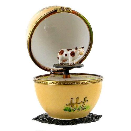 Le Beau Danube Bleu - Boîte À Musique En Forme D'oeuf - Oeuf Musical En Porcelaine De Limoges De Style Fabergé Avec Vache Animée.