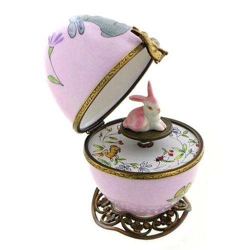 Boîte À Musique En Forme D'oeuf - Porcelaine De Limoges Rose - Lapin Animé - Le Beau Danube Bleu