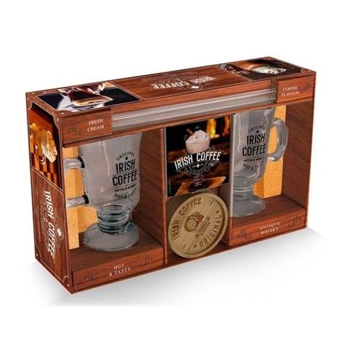 Irish Coffee, Hot & Tasty - Coffret Avec 2 Verres À Irish Coffee, 2 Pailles En Verre, 1 Goupillon, 2 Sous-Bocks En Bois Gravé, 1 Livre De 20 Recettes D'irish Coffee